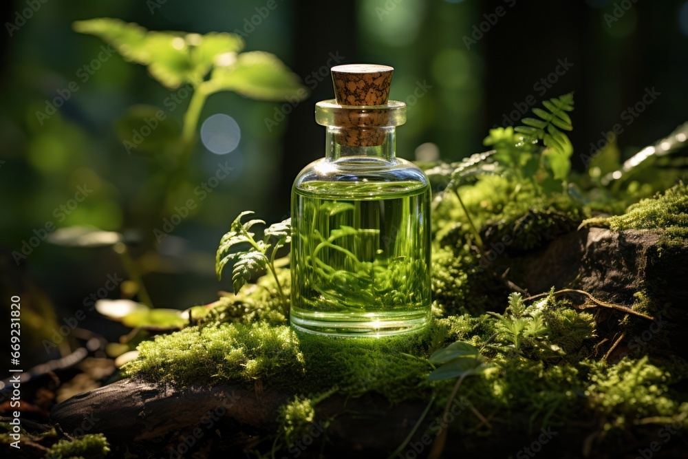 glass bottle with green liquid on moss-covered stones against the background of nature and forest. glass bottle with green liquid on moss-covered stones against the background of nature and forest.