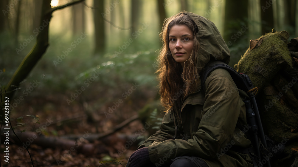 portrait of a woman in a forest, bushcrafting portrait of a woman in a forest, bushcrafting