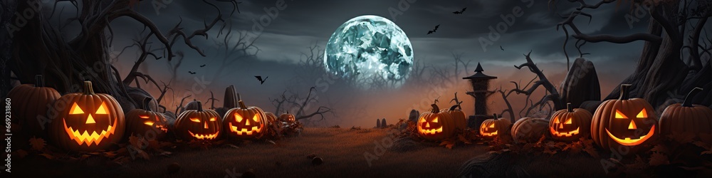 halloween scene with carved pumpkins and a full moon