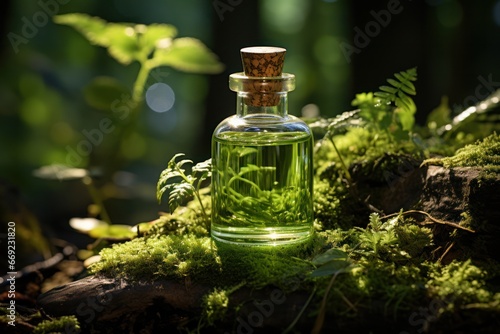 glass bottle with green liquid on moss-covered stones against the background of nature and forest. 