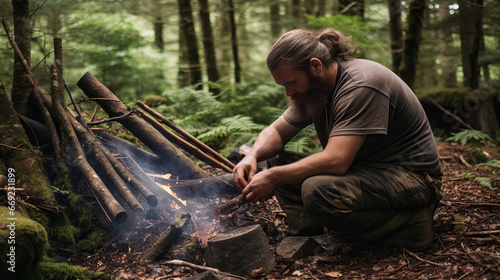 bearded, long-haired man in the forest lighting fire, bushcrafting 
