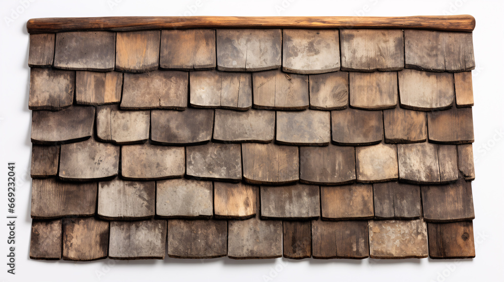 An isolated reproducing of an aged wooden roof tile design on a stark white surface. - obrazy, fototapety, plakaty 