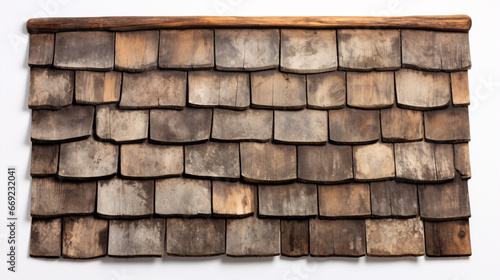 An isolated reproducing of an aged wooden roof tile design on a stark white surface. photo