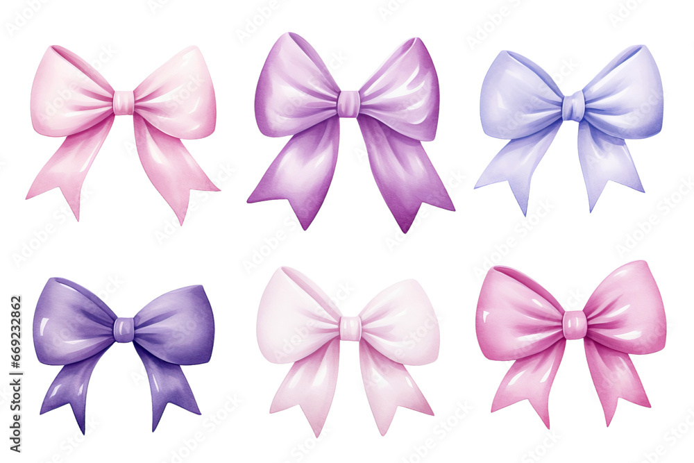 Set of watercolor silk bows isolated on transparent background
