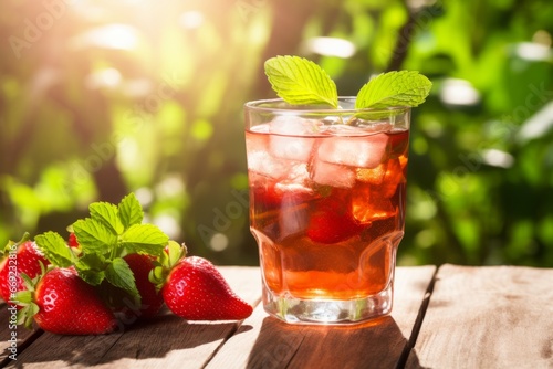 A Chilled Glass of Homemade Strawberry Iced Tea with Fresh Berries and Mint on a Sunny Day