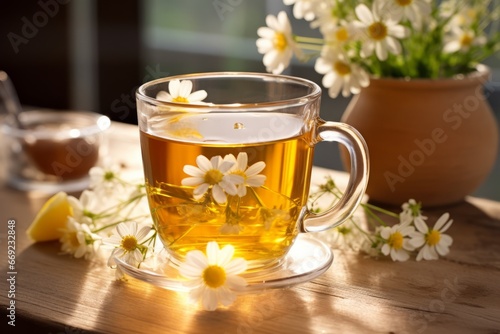 A tranquil moment captured with a soothing cup of chamomile lemon tea resting on an old wooden table