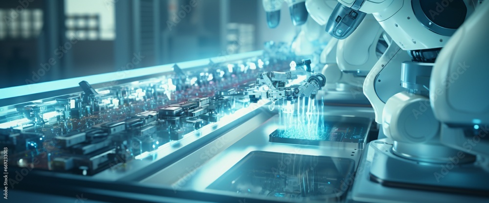 A robotic arm meticulously assembling nano-chips within a cleanroom environment. A robotic arm meticulously assembling nano-chips within a cleanroom environment.