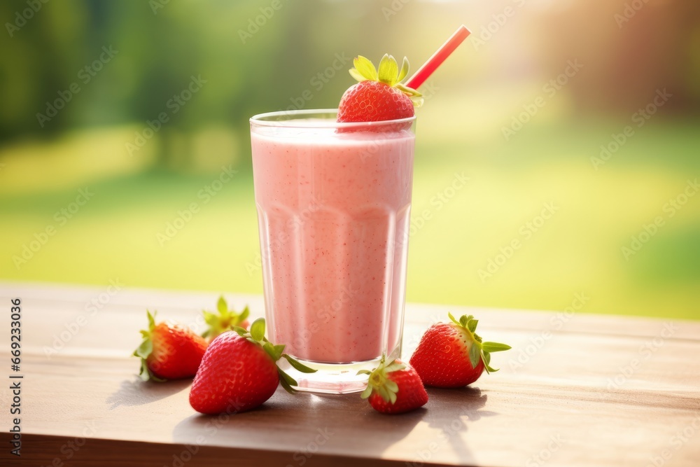 A Delicious Glass of Strawberry Smoothie Accompanied by Fresh Berries on a Warm Summer Day A Delicious Glass of Strawberry Smoothie Accompanied by Fresh Berries on a Warm Summer Day