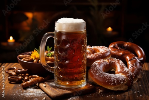 A traditional German meal featuring a cold pint of Schwarzbier beer in a cozy tavern