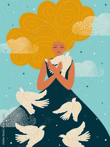 Mental health concept. Woman with white birds in the clouds. Vector.