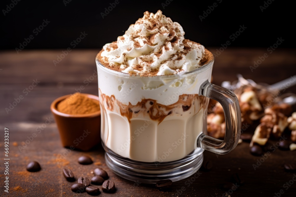 A tempting view of a frothy white mocha topped with whipped cream and chocolate shavings A tempting view of a frothy white mocha topped with whipped cream and chocolate shavings