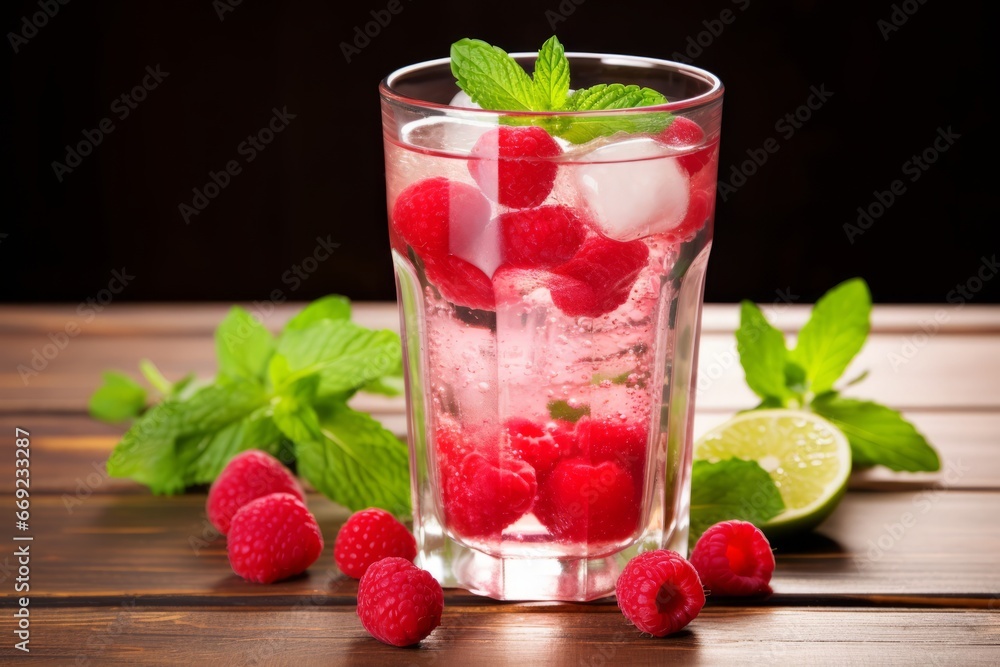 A tantalizing image of a raspberry and elderflower infusion drink garnished with fresh fruits and flowers A tantalizing image of a raspberry and elderflower infusion drink garnished with fresh fruits and flowers