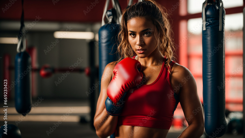 Portrait of a beautiful girl in boxing gloves in the gym