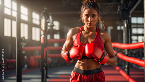 Portrait of a beautiful girl in boxing gloves in the gym photo