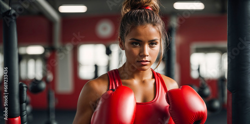 Portrait of a beautiful girl in boxing gloves in the gym © tanya78