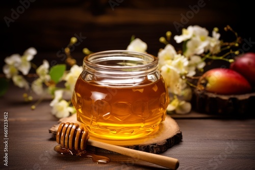 A tantalizing close-up of a honey-sweetened apple drink garnished with a fresh apple slice