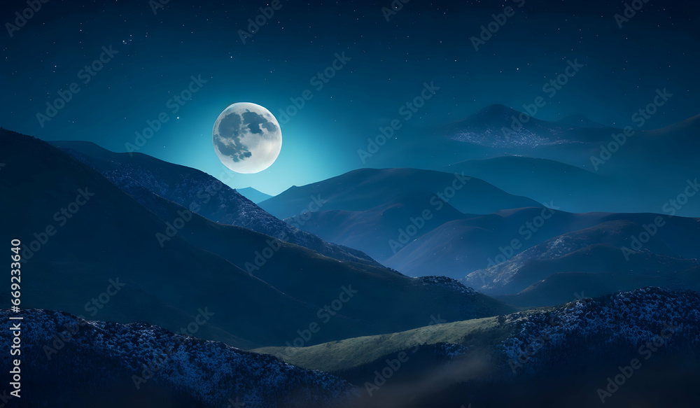Fantasy landscape with mountains and moon in the night sky