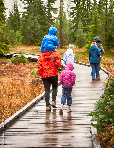 Family enjoys a nature walk through a high mountain meadow.