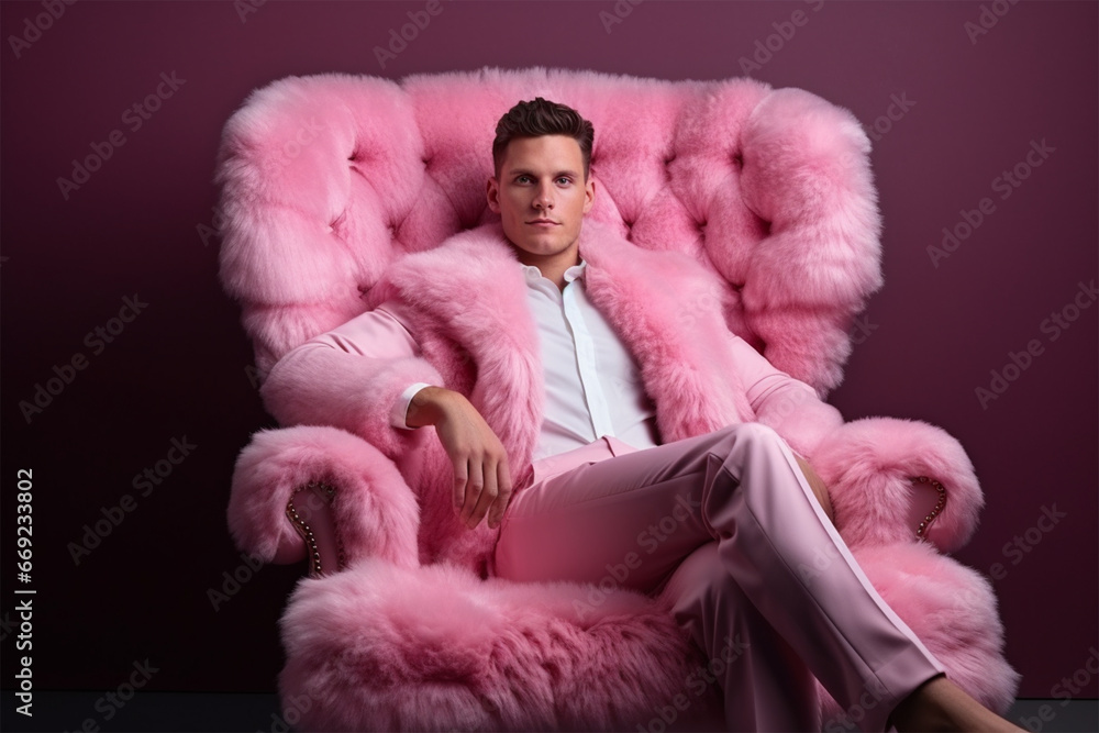 fashionable stylish man in a pink elegant suit on a pink fur chair. fashion concept, blogger content. fashionable stylish man in a pink elegant suit on a pink fur chair. fashion concept, blogger content.