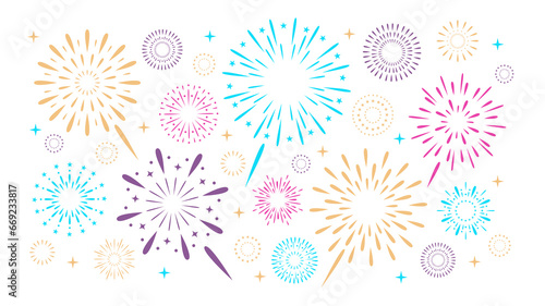 Colorful exploding festival fireworks set, Isolated on white background. Flat cartoon style. Design concept for holiday banner, poster, flyer, greeting card, decorative elements 
