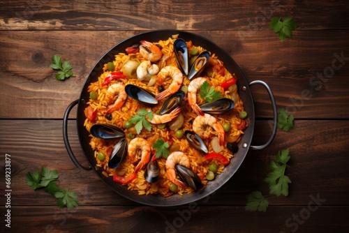 Traditional Spanish seafood paella with rice, mussels, shrimps in a pan on wooden background