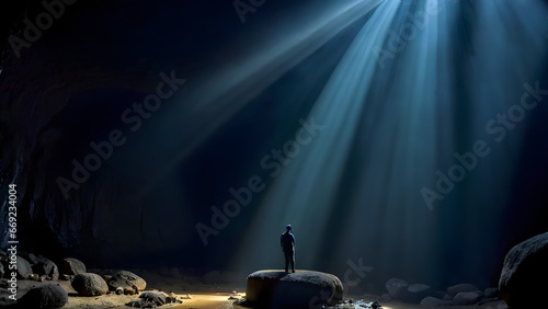 Uma imagem de uma pessoa emergindo de uma caverna escura em direção à luz, simbolizando a jornada de superar a depressão  photo