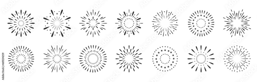 Exploding festival fireworks set, Isolated on white background. Flat style. Design concept for holiday banner, poster, flyer, greeting card, decorative elements Exploding festival fireworks set, Isolated on white background. Flat style. Design concept for holiday banner, poster, flyer, greeting card, decorative elements
