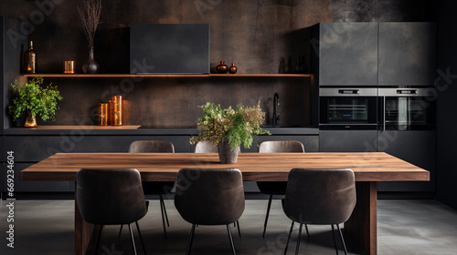 Modern dark colored kitchen with a dining table