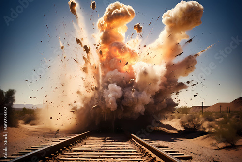 train robbers create an explosion to stop train in the desert photo