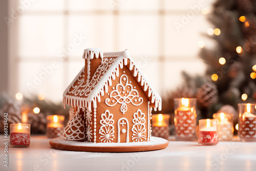 A gingerbread house with detailed icing stands before a lit Christmas tree. Warm candles glow, creating a festive, cozy ambiance. Pinecones add to the holiday scene. © EricMiguel