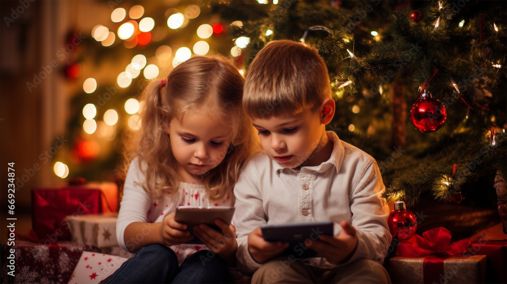 Children look at the screens of electronic devices with interest while sitting under the Christmas tree. Christmas and New Year holiday concept. gifts for Christmas Children look at the screens of electronic devices with interest while sitting under the Christmas tree. Christmas and New Year holiday concept. gifts for Christmas