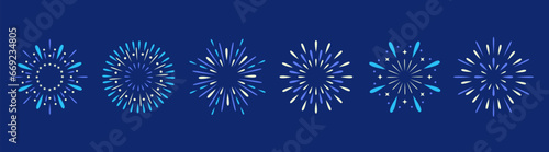 Exploding festival fireworks set, Isolated on blue background. Flat style. Design concept for holiday banner, poster, flyer, greeting card, decorative elements 