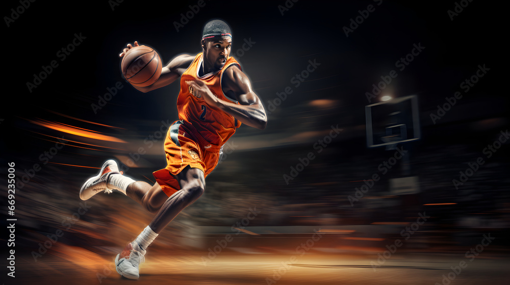 Basketball player in full action with ball in hand