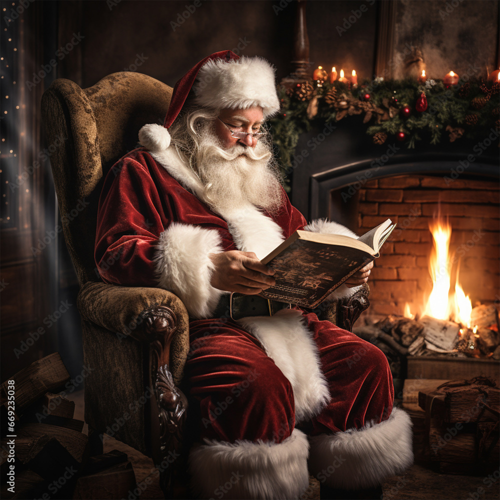 Santa Claus reads a book in a room with a fireplace, decorated for Christmas. Christmas and New Year concept Santa Claus reads a book in a room with a fireplace, decorated for Christmas. Christmas and New Year concept