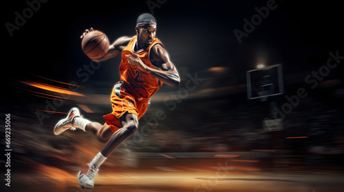 Basketball player in full action with ball in hand
