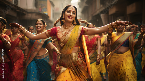 Beautiful Indian women dancing on the streets in traditional dresses