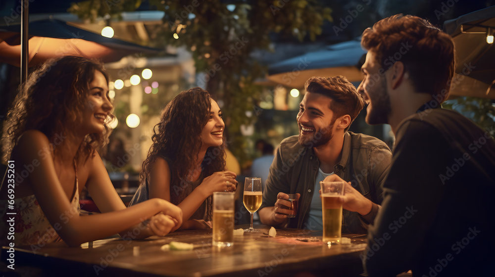 Cheerful friends holding beer glasses at a pub. Young Group of people enjoying at a bar table in the evening - obrazy, fototapety, plakaty 