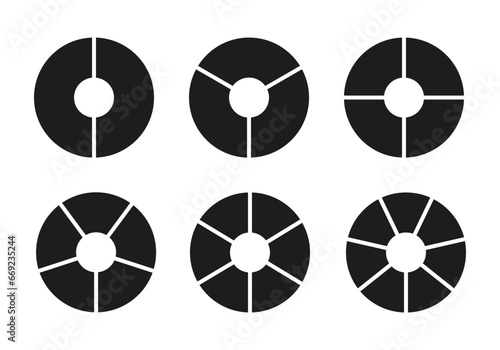 Circle division on 2, 3, 4, 5, 6, 7 equal parts. Wheel round divided diagrams with two, three, four, five, six, seven segments. Infographic set. Donut charts, pies segmented on equal parts.