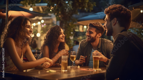 Cheerful friends holding beer glasses at a pub. Young Group of people enjoying at a bar table in the evening photo