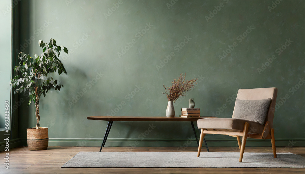 modern living room interior textured sage green wall copy space ...