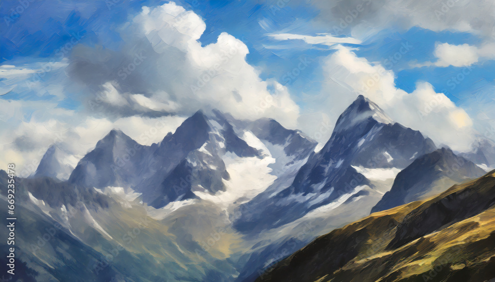 a painting of a mountain range with clouds in the sky generative ai