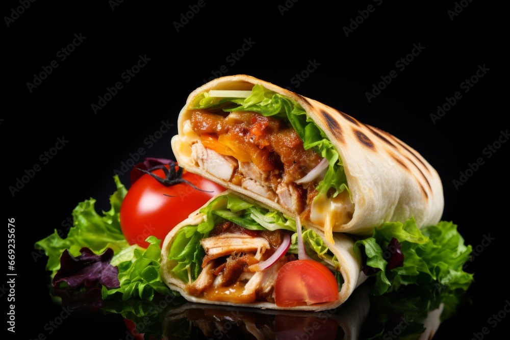 Fresh chicken wrap with tomatoes, lettuce, onions isolated on black background Fresh chicken wrap with tomatoes, lettuce, onions isolated on black background