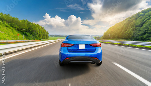 rear view of car during high speed blue car rushing along a high speed highway