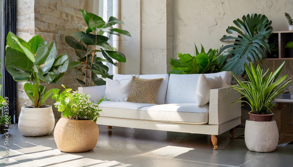 white sofa and plants in flower pot in living room