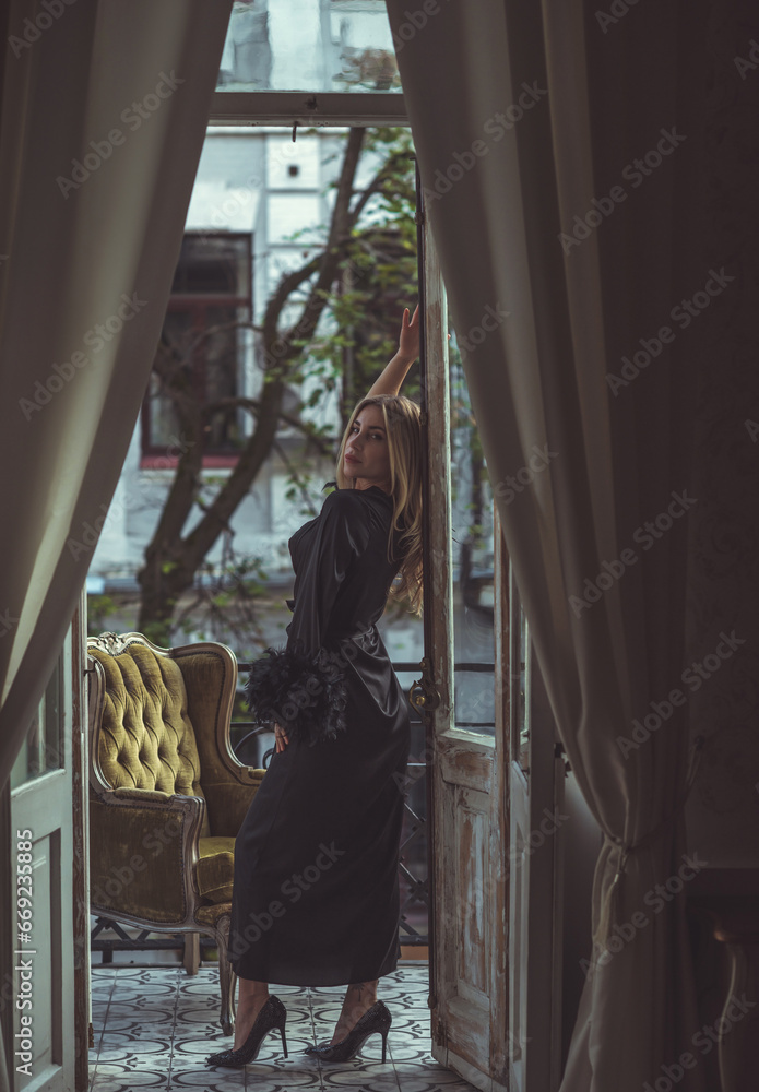 Lady in peignoir with a glass of wine. Sensual photo of European Blonde woman in black silk robe with feathers sleeve. Fashionable concept Lady in peignoir with a glass of wine. Sensual photo of European Blonde woman in black silk robe with feathers sleeve. Fashionable concept