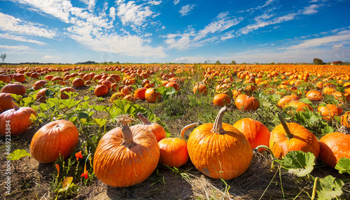 a field full of pumpkins with a blue sky in the background generative ai
