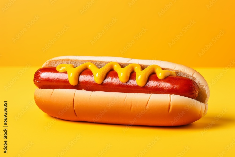 Delicious hot dog with ketchup and mustard on yellow background Delicious hot dog with ketchup and mustard on yellow background