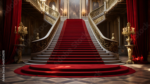 Red carpet with front VIP staircase depicting luxury, success, wealth and superiority photo