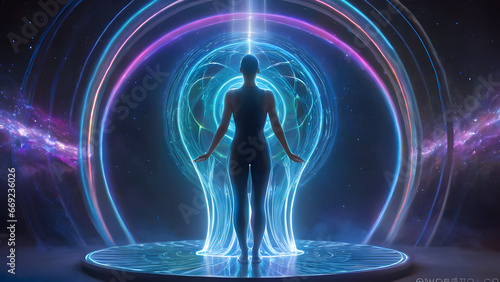 simbolizando a jornada de superar a depressão, em um espaço sideral com uma luz brilhante no centro, no estilo de simetria digital, energia animada, água hiper-realista, santuário