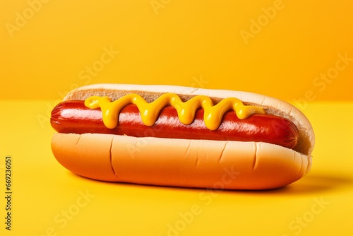 Delicious hot dog with ketchup and mustard on yellow background